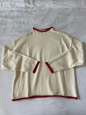Cream Mockneck Sweater with Red Trim - Women's Knit Pullover